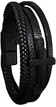 Kreuz Leder Armband, Cross Bracelet, Magnetverschluss, Herren Armband Edelstahl Echtleder Armband Naturstein Geflochten Mit Magnet Verschluss, Premium Echtlederarmband für Männer, Tolle Geschenkidee