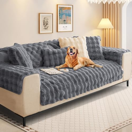 SHANNA Kaninchen Plüsch Sofabezug L Form 1/2/3/4 Sitzer Sofa Überzug Ecksofa U Form, Neue Universelle rutschfeste Sofaschoner, Superweiche SofaÜberwurf aus Kunstpelz für Wohnzimmer(Grau, 90 * 90 cm)