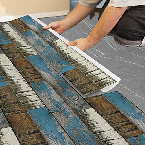 PVC Bodenbelag Selbstklebend Fliesen,Holzoptik Bodenfliesen Fliesenaufkleber Renovierung Wasserdicht für Küche Wohnzimmer Möbel Bad 15X90CM-1,35m² Blau Schwarz Holzmaserung