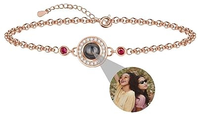 Liskanap Foto Armband Personalisierte Rund Geburtsstein Projektion Armband mit Eigenen Bild im Stein Lupe Foto Armbänder Versteckte Fotoarmband für Damen Frauen Freundschaft Familie Silber Rose Gold