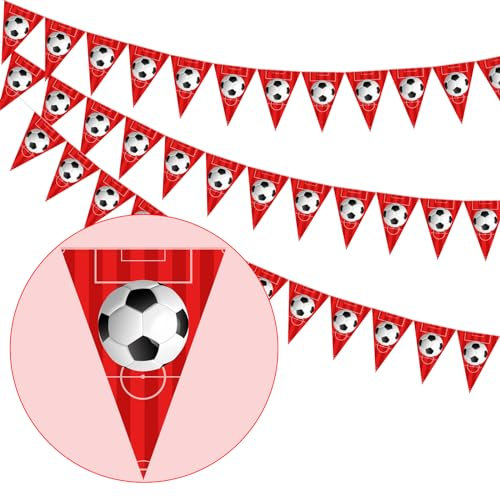 Football Birthday Decorations Red and White - 3 Pack Football Theme Triangle Flag Banner, Red Football Bunting Banner, Soccer Birthday Party Decorations for Boys 5/6/7/8/9/10/11th Birthday