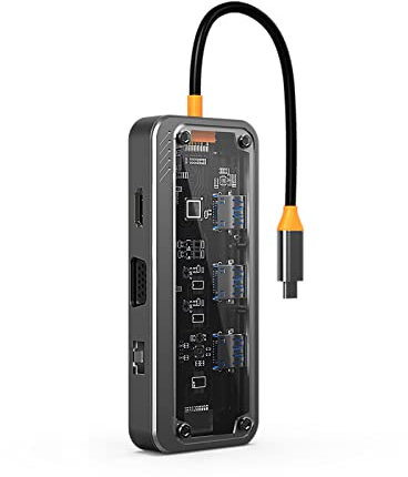 Chillitech® USB C Laptop Docking Station 10 in 1 Multiport Transparent USB C Hub Thunderbolt Dock to 4K HDMI+VGA, 100W PD, USB 3.0, RJ45, SD/TF, 3.5mm Audio for HP, MacBook Air/Pro, Dell, Lenovo