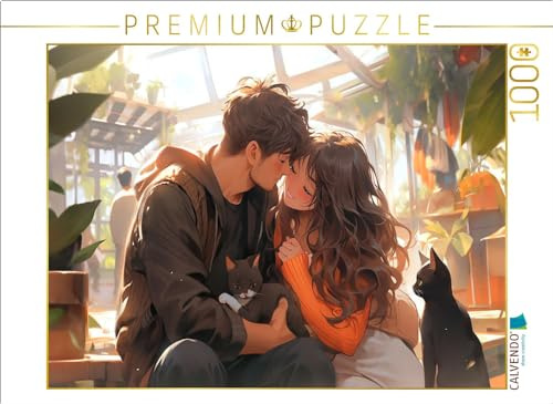 CALVENDO Puzzle Pärchen im Manga Style mit Katzen | 1000 Teile Lege-Größe 64 x 48 cm Foto-Puzzle für glückliche Stunden