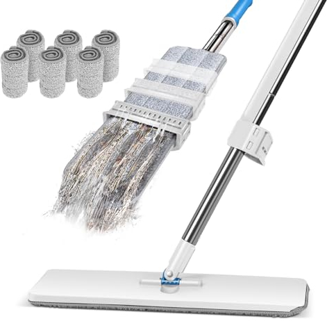 Myiosus Balai Serpillère avec Fonction Essorage, Balai Plat Microfibre avec 6 Tampons Réutilisables & 130cm Manche INOX, Serpillere Professionnel pour Nettoyage de Sol Sec & Humide(Blanc)