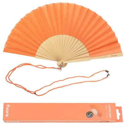 FISURA – Pfirsich-oranger Handfächer Moderner und lustiger Holzfächer. Origineller Fächer für den Sommer. Fächer mit Fächerhalter. Maße: 42,5 x 23 Zentimeter.