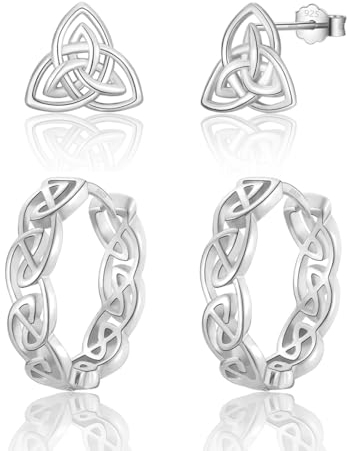 wynn's Ohrringe Silber 925, 2 Paar Keltisch Knoten Creolen Silber 925 Damen Ohrstecker Set, 10mm Ohrstecker & 14mm Knoten Creolen Silber 925 Mittelgroß Schmuck für Damen Herren