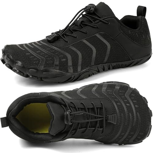 Barfußschuhe Herren Damen Breite Barfussschuhe Traillaufschuhe Weit Five Finger Zehenschuhe Minimalistische Zero-Drop Sohlen Wanderschuhe Fitnessschuhe Komfort Leicht Laufschuhe Unisex(Schwarz 46EU)