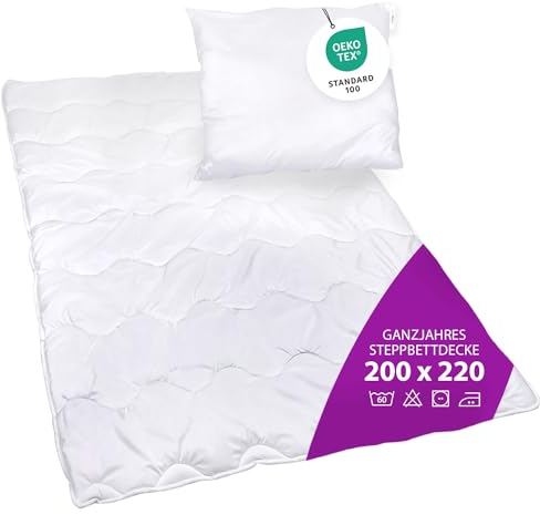 AddLiving Premium Steppbettdecke & Kopfkissen Bettenset Für Allergiker Waschbar Ganzjahresdecke Vierjahreszeiten-Bett mit Klimafaser Steppdecke (220 x 200cm)