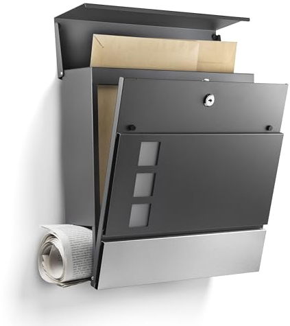 NewHabitat I Moderner Briefkasten Anthrazit mit Zeitungsfach - Wandbriefkasten mit Sichtfenster - Rostfrei und UV-beständig, inkl. Montagematerial