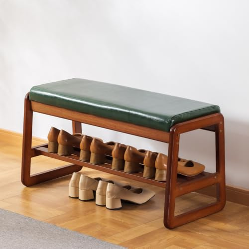 SOBIBO Solid Wood Shoe Bench, 2-Tier Wooden Storage Entryway, End of Bed Bench with Faux Leather Cushion for Hallway, Living Room (green, 80cm，31.5 inches)