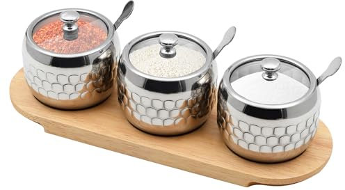 BSDLZCH Lot de 3 pots à sucre en acier inoxydable avec couvercle en verre et cuillère (plateau en bois)