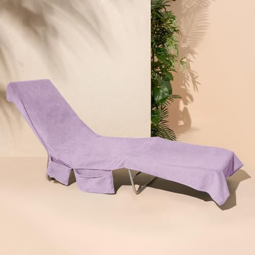 Brentfords Sun Lounger Towels with Pockets, Large Beach Towel in a Bag Sunlounger Holiday Accessories Swimming Pool Quick Dry Sunbed Towel, 215 x 75cm, Purple