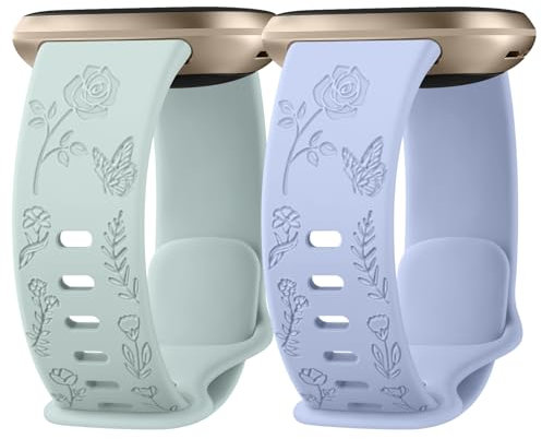 Mugust Rose Gravé Bracelet Compatible avec Bracelet Fitbit Versa 3/Fitbit Versa 4/Fitbit Sense/Fitbit Sense 2 Femmes, Brecelet de Remplacement en Silicone pour Versa 3/Versa 4/Sense 2/Sense(Pack D)