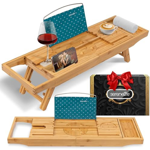 SereneLife Bamboo Bathtub Caddy with Adjustable Length, Non-Slip Handles, Integrated Device Holder and Wine Glass Slot - Expandable Design for Comfortable Bathing