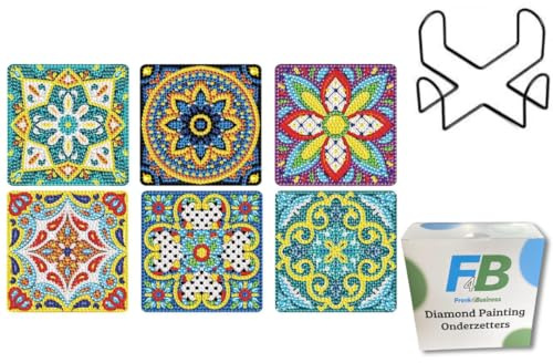 F4B Diamond Painting Coaster Set - Quadratische Untersetzer - Runde Strasssteine - Mandala Designs - 6er Set mit Halter, Stift, Schüttbehälter und Wachs - Perfekt für Erwachsene und Kinder