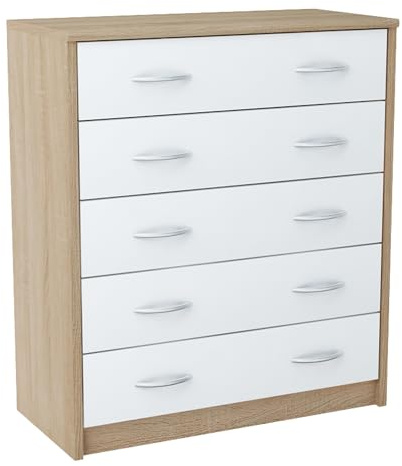 Home Collective Kommode mit 5 Schubladen in Matte Kommode 74cm breit Holz Schrank Kommode mit Schubladen Sideboard Highboard Anrichte Schlafzimmer Wohnzimmer Flur Büro Organizer Sonoma weiß