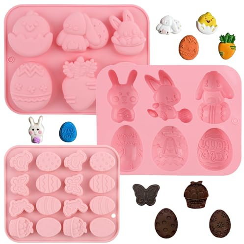 3 Stück Ostern Silikon Schokoladenformen 16 Mulden Häschen Osterei Küken Bogenform Silikon Schokoladenformen Ostern Pralinen Silikonform Ostern zur Herstellung von Diy Schokoladenkuchen