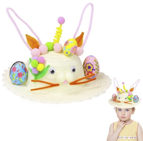 Easter Bonnet Diy Kit for Kids,Easter Cartoon Cap Make Your Own Bonnet Hat Craft Set with Straw Hats,Watercolor Pen,Egg,Hairball For Boys Girls Party Favorites and Gifts School Parade,White