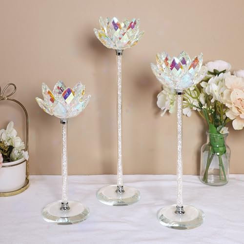 Crystal Lotus Lot de 3 bougeoirs en verre irisé avec tige à bulles Différentes hauteurs