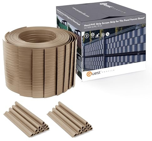 Quest Sichtschutzstreifen Doppelstabmatten Zaun – Hart PVC Sichtschutz Windschutz für Garten – Höhe: 19cm; Länge: 2,525m; 900g/m2 – 10 Streifen + 20 Clips (Beige)