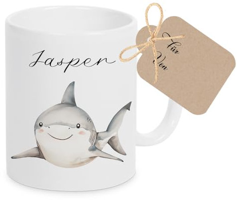 Manufaktur Liebevoll Tasse mit Namen Kinder Kindertasse mit Namen Becher Keramik Mädchen Junge Namenstasse Hai Becher Geschenk
