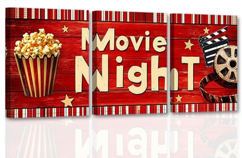 CXHOSTENT Heimkino-Wandkunst Film-Leinwandkunst 3-teilig Filmnacht-Bilder Vintage-Popcorn-Filmrolle Druckmedien Kino-Wanddekoration gerahmt (28x35cmx3)