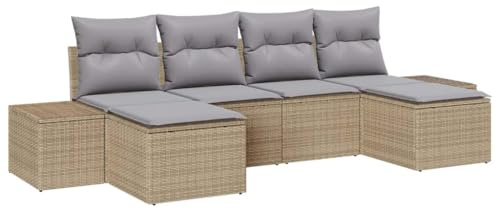 vidaXL 6-teiliges Garten-Sofaset mit Kissen in Beige aus Poly-Rattan. Perfekt für chillige Zusammenkünfte im Freien – stilvoll und wetterfest. Modulare Möbel für die Terrasse.