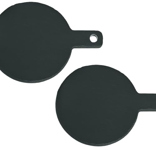 hausleben Schieferplatte rund 23 cm mit Griff 2er Set – Servierplatten Deko | Echter Naturstein mit Aufhänger – Rustikale Servierbrett für Käse, Tapas, Fingerfood & Snacks – Stilvoll Servierteller
