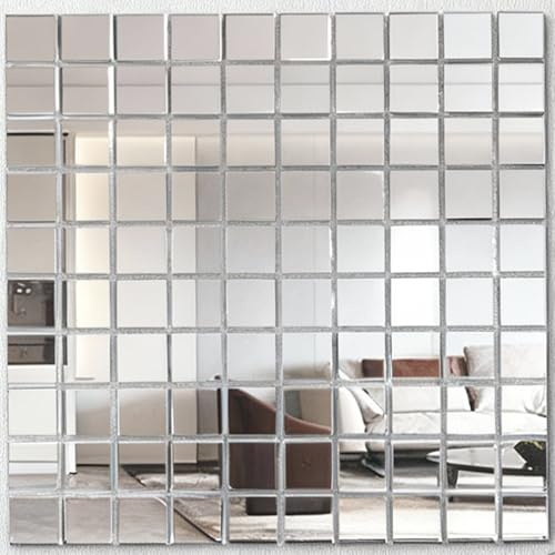 Mirror Tiles, Stick on， Self Adhesive Mirror Stickers DWUENT Square Acrylic Mosaic Wall Decor, Modern Aesthetic Peel & Stick Tiles for Home & Shop, 100 Pcs Silver 3x3cm