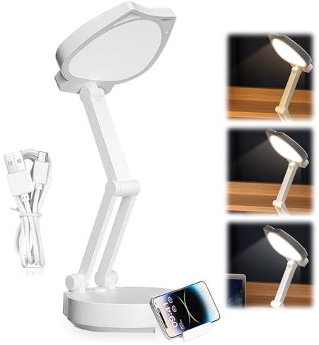 GOEDCH LED Tischlampe Faltbare: 2400mAh Schreibtischlampe LED Faltbar & Tragbar mit 3 Lichtmodi und Akku Aufladbar, Dimmbar Schreibtischlampe Kinder für Schlafzimmer Lesen Lernen, Weiß