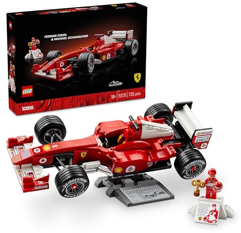 LEGO Icons Ferrari F2004 e Michael Schumacher - Modello di Auto F1 per Adulti - Set con Motore V10 e Minifigure da Collezione del Pilota - Regalo Fai da Te per i Fan degli Sport Motoristici - 11375