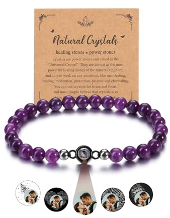JSDDE Bracelet Projection Personnalisé Photo pour Femmes Hommes 6mm Bracelet Élastique avec Perles Rondes en Pierre Naturelle Porte Photo Projetée Bracelets Distance Mémorial pour Couple Mére