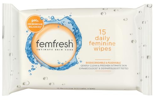 Femfresh Daily Feminine Wipes 15 Count – pH & Microbiome Balanced, Biodegradable & Flushable Intimate Cleansing Wipes, Gentle for Daily Sensitive Skin, Freshness for Home & Travel