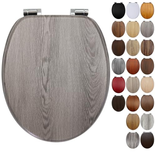 Grey Oak Effect Toilet Seat Wooden, Soft Close MDF Moulded Wood Oval Seat with Adjustable Solid Zinc Alloy Hinges, Bottom Fixings, Easy to Clean and Install- 18 Inch (BLG174-1)