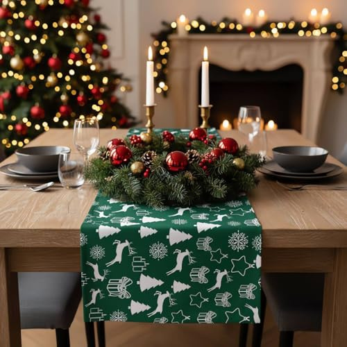 CozyHome&Living Tischläufer Weihnachten Grün 40x140 cm Fleckenabweisend | Weihnachtlicher Tischläufer, fleckenabweisend und pflegeleicht, dekorativ für Esstisch, Sideboard, Advent und Festtafel