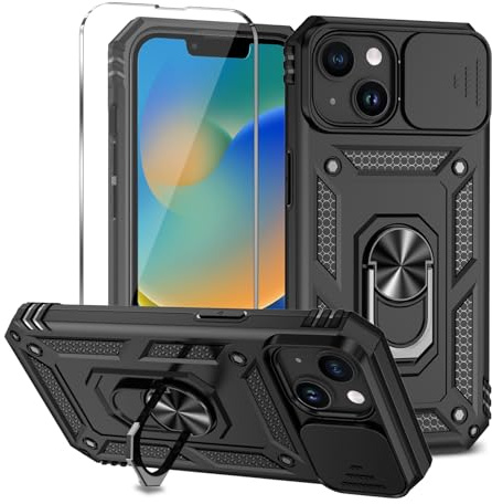 Damtong for iPhone 14 Phone Case 6.1 Inch with Slide Camera Cover Black | Phone Case with Camera Cover and Screen Protector, Rotatable Kickstand Military Grade Dual Layer Shockproof Drop Protection
