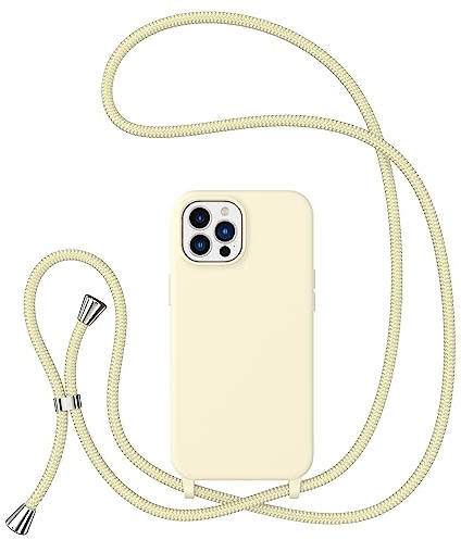 ZTOFERA Crossbody Lanyard Case for iPhone 12 Pro Max (6.7), Liquid Silicone Protective Phone Case with Strap Adjustable Neck Cord Necklace Soft Cover, Beige