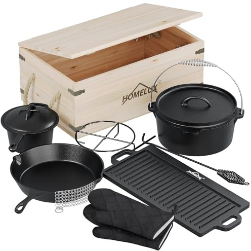 HOMELUX Dutch Oven Set 10-teilig, Gusseisen Topf Set mit Holzkiste | mit Kochtopf, Stieltopf, Grillplatte, Pfanne, Deckelheber, Untersetzer & Zubehör | Geeignet für Outdoor Grill & Hausküche