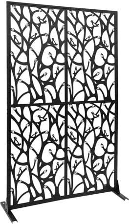 Dekorativer Sichtschutz Garten, Freistehende Stahl Paravent in Schwarz, Vogelmotiv, Moderner Raumteiler für Balkon, Terrasse & Garten, 115x183x40cm