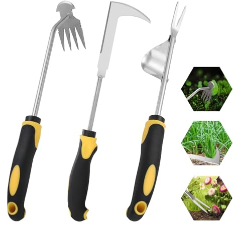 Foyucool Set 3 Extractor de Malas Hierbas, Acero Inoxidable | Herramientas para quitar malas hierbas con hoz para cortar hierba, desherbador manual de jardín, mango amarillo