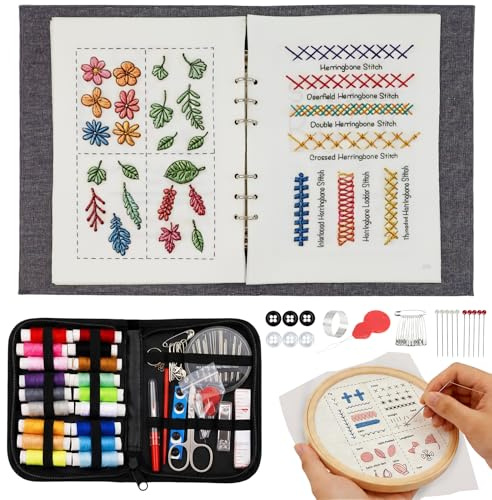 Morofme Stickbuch mit Stickrahmen, Leinen stickset für Anfänger | Ringbuchformat Design Nähwerkzeugen Stickbuch Selber Sticken, Embroidery Stitch Book für Erwachsene Hobby Basteln