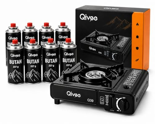 Qivee Tragbarer Gaskocher mit 8x 227g Gaskartuschen, Campingkocher, Schwarz, Butan, 2,3 kW, Piezozündung
