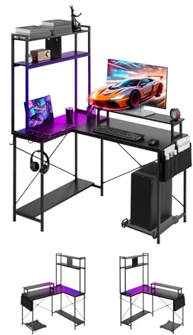 VEVOR Bureau Gaming Angle Éclairage LED Bureau en L Réversible 1,2 m Table d'Ordinateur pour Télétravail, avec Prises Électriques, Support pour Écran, Support pour Unité Centrale Amovible, Moderne