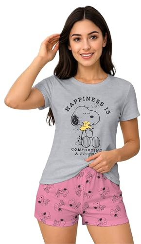 The Peanuts Snoopy Schlafanzug für Damen - Happiness Pyjama Set Kurzarm Oberteil mit Shorts Grau/Rosa (DE/NL/SE/PL, Alphanumerisch, S, Regular, Regular)
