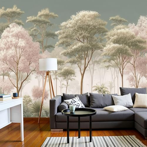 DLERFLOVR 3D Wall Mural Lush Forest Print Photo Wallpaper, Luxury Silk Wall Mural Decor Dream Forest Wall Sticker for Bedroom, Living Room, Sofa Backdrop Decor 350x256cm, Sage Green