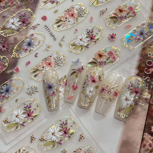 TESGADGETS Nail Stickers, 5D Embossed Elegant Gold Retro Nail Decals in Palace Style, Glossy Floral Designs for Spring and Summer, DIY Manicure Decoration for Women and Girls