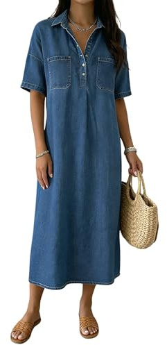 Dam Button Up Denim Klänning Casual Lösa Långa Klänningar med fickor Kortärmad Pikétröja A Line Jeans Maxiklänningar