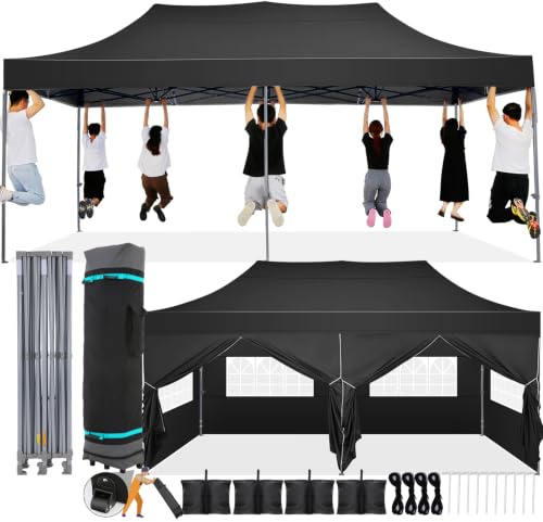 COBIZI Faltpavillon 3x6 Wasserdicht Stabil Winterfest(Schwarz mit 4 Seiten) | Pop Up Pavillon Partyzelt,Sonnenschutz Pavillion Klappbar Zelte,Winterfest Gartenpavillon,Pavilion Faltbar mit Tasche Rollen