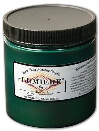 Jacquard Lumiere 8oz Fabric Paint Metallic Olive Green - Metallic Paint for Fabric Paper Wood Ceramic and Metal - Light-bodied Metallic Acrylic Paint - Lightfast & Vibrant Acrylic Paints