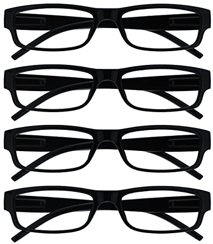 OPULIZE ACE Lesebrille für Damen und Herren - 4er-Pack - Schmaler Rechteckiger Rahmen - Komfort Federscharniere - Kratzfest - Schwarz UVR +1.50